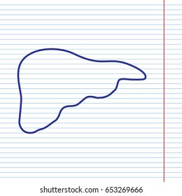 Human anatomy. Liver sign. Vector. Navy line icon on notebook paper as background with red line for field.