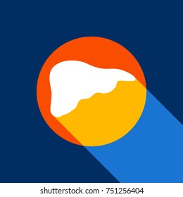Human anatomy. Liver sign. Vector. White icon on tangelo circle with infinite shadow of light at cool black background. Selective yellow and bright navy blue are produced.