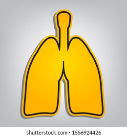 Human anatomy. Lungs sign. Flat orange icon with overlapping linear black icon with gray shadow at whitish background. Illustration.