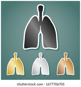  Anatomía humana. Signo de pulmones. Conjunto de íconos metálicos con gradiente gris, dorado, plata y bronce con contorno blanco y sombra en fondo viridán. Ilustración.
