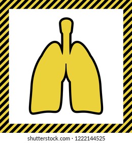 Human anatomy. Lungs sign. Vector. Warm yellow icon with black contour in frame named as under construction at white background. Isolated.