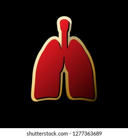 Human anatomy. Lungs sign. Vector. Red icon with small black and limitless shadows at golden sticker on black background.