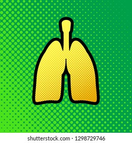 Human anatomy. Lungs sign. Vector. Pop art orange to yellow dots-gradient icon with black contour at greenish background.