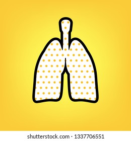 Human anatomy. Lungs sign. Vector. Yellow polka dot white icon with black contour at warm yellow background.