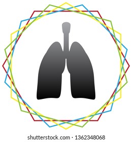 Human anatomy. Lungs sign. Vector. Black icon with patch of light inside colorful hexagonal frames at white background.