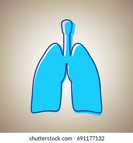 Human anatomy. Lungs sign. Vector. Sky blue icon with defected blue contour on beige background.