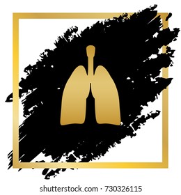 Human anatomy. Lungs sign. Vector. Golden icon at black spot inside golden frame on white background.