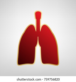 Human anatomy. Lungs sign. Vector. Red icon on gold sticker at light gray background.