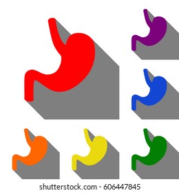 Human anatomy Stomach. Set of red, orange, yellow, green, blue and violet icons at white background with flat shadow.