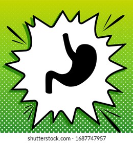 Human anatomy. Stomach sign. Black Icon on white popart Splash at green background with white spots. Illustration.
