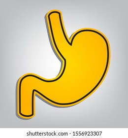 Human anatomy. Stomach sign. Flat orange icon with overlapping linear black icon with gray shadow at whitish background. Illustration.