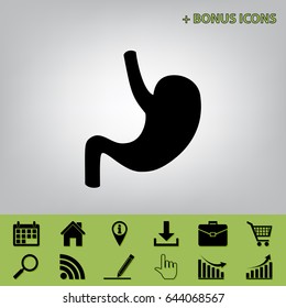 Human anatomy. Stomach sign. Vector. Black icon at gray background with bonus icons at celery ones