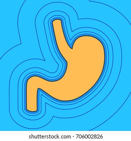 Human anatomy. Stomach sign. Vector. Sand color icon with black contour and equidistant blue contours like field at sky blue background. Like waves on map - island in ocean or sea.
