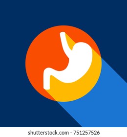 Human anatomy. Stomach sign. Vector. White icon on tangelo circle with infinite shadow of light at cool black background. Selective yellow and bright navy blue are produced.