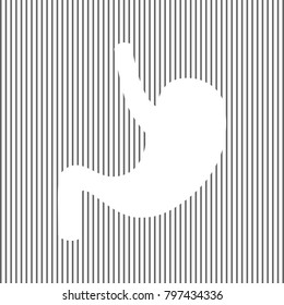 Human anatomy. Stomach sign. Vector. White icon on grayish striped background. Optical illusion.