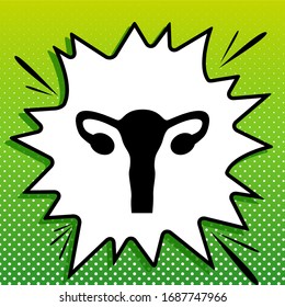 Human anatomy. Uterus sign. Black Icon on white popart Splash at green background with white spots. Illustration.