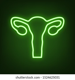 Human anatomy. Uterus sign. Green neon icon in the dark. Blurred lightening. Illustration.