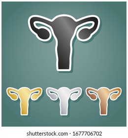 Human anatomy. Uterus sign. Set of metallic Icons with gray, gold, silver and bronze gradient with white contour and shadow at viridan background. Illustration.