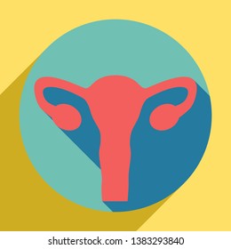 Human anatomy. Uterus sign. Sunset orange icon with llapis lazuli shadow inside medium aquamarine circle with different goldenrod shadow at royal yellow background.