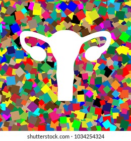 Human anatomy. Uterus sign. Vector. White icon on colorful background with seamless pattern from squares.