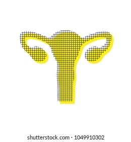 Human anatomy. Uterus sign. Vector. Yellow icon with square pattern duplicate at white background. Isolated.