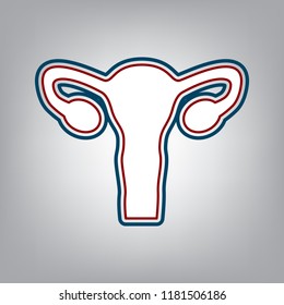 Human anatomy. Uterus sign. Vector. Dark red, transparent and midnight green stroke of white icon at grayish background.