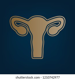 Human anatomy. Uterus sign. Vector. Golden icon and border at dark cyan background.