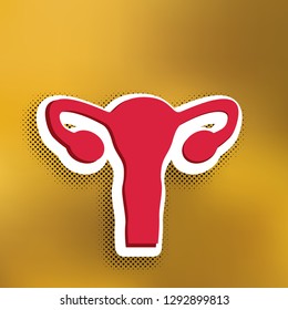 Human anatomy. Uterus sign. Vector. Magenta icon with darker shadow, white sticker and black popart shadow on golden background.