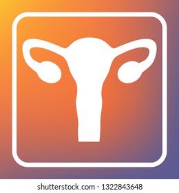 Human anatomy. Uterus sign. Vector. White icon on transparent button at orange-violet gradient background.