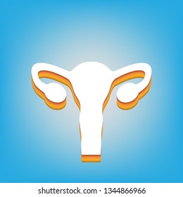 Human anatomy. Uterus sign. Vector. White icon with 3d warm-colored gradient body at sky blue background.