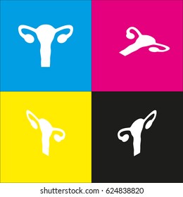 Human anatomy. Uterus sign. Vector. White icon with isometric projections on cyan, magenta, yellow and black backgrounds.