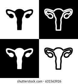 Human anatomy. Uterus sign. Vector. Black and white icons and line icon on chess board.