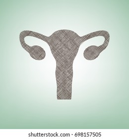 Human anatomy. Uterus sign. Vector. Brown flax icon on green background with light spot at the center.