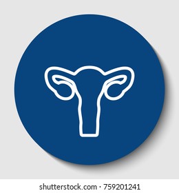 Human anatomy. Uterus sign. Vector. White contour icon in dark cerulean circle at white background. Isolated.