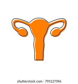 Human anatomy. Uterus sign. Vector. Black line icon with shifted flat orange filled icon on white background. Isolated.
