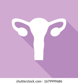 Human anatomy. Uterus sign. White Icon with long shadow at purple background. Illustration.