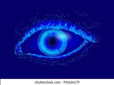 Control futurista del ojo androide humano protección de la seguridad personal de Internet.Concepto sistema de ADN robot, futuro ciencia de la tecnología científica de la innovación. Vector poligonal azul