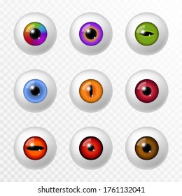 Human And Animal Eye. Different Realistic Color Eyeball And Lenses, Various Round Iris Retina And Pupils. Optical Lens, Ophthalmology 3d Vector Isolated Set