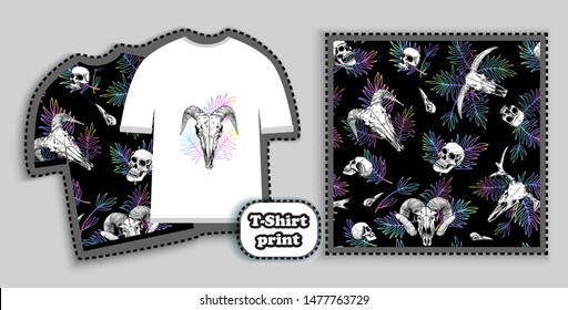 Human and animal skulls, palm leaves seamless pattern for t-shirt prints on black. Print for clothes, textiles, bags or postcards, covers, paintings.
