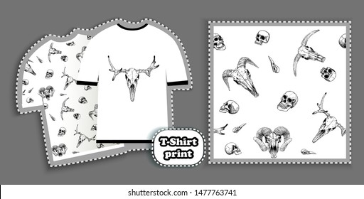 Human and animal skulls, palm leaves seamless pattern for t-shirt prints. Print for clothes, textiles, bags or postcards, covers, paintings.
