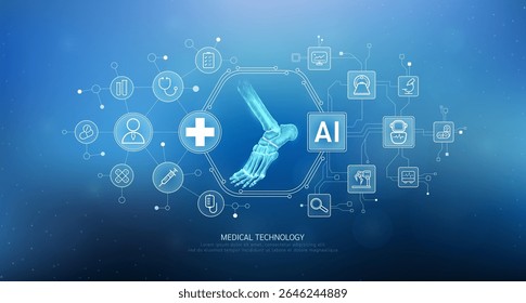 Human ankle joint translucent with medical network icons on blue background. Artificial intelligence (AI) in health care technology. Innovation in digital health smart medical diagnostics. Vector. 