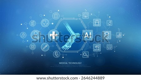 Human ankle joint translucent with medical network icons on blue background. Artificial intelligence (AI) in health care technology. Innovation in digital health smart medical diagnostics. Vector. 