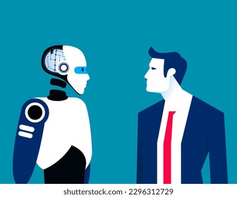 The human and anroid look in each other eyes. Human vs artificial intelligence concept