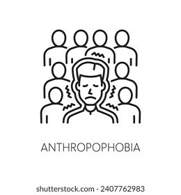 Human antrophobia phobia icon, mental health. Fear of people, psychology problem outline vector symbol. Mental disorder line pictogram or icon with scared, depressed man in crowd