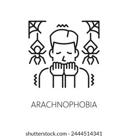 Human arachnophobia phobia icon, mental health. Fear of spiders , mental disorder or psychological problem linear vector symbol or outline pictogram with man scared of spiders hanging on cobweb