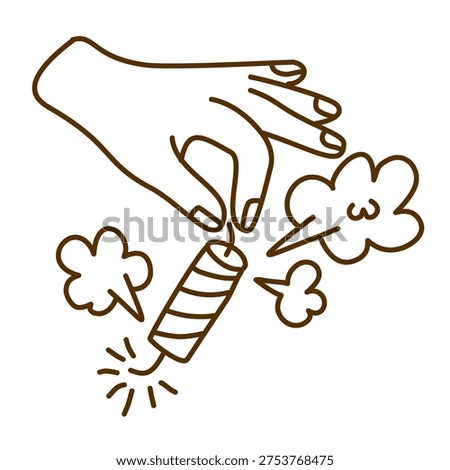 human arm grasping lit explosive stick releasing puff of gray smoke clouds