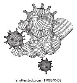 Human Arm Hand with Corona Virus virion of Coronavirus. Connection structure. Vector low poly wireframe mesh illustration