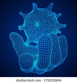 Human Arm Hand with Corona Virus virion of Coronavirus. Connection structure. Vector low poly wireframe mesh illustration