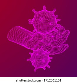 Human Arm Hand with Corona Virus virion of Coronavirus. Connection structure. Vector low poly wireframe mesh illustration