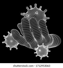 Mano de brazo humano con virus Corona de virus del Coronavirus. Estructura de conexión. Ilustración de la malla del bastidor del alambre de bajo nivel del vector